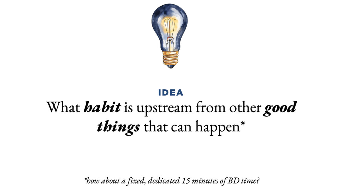 IDEA What habit is upstream from other good things that can happen* *how about a fixed, dedicated 15 minute of BD time?