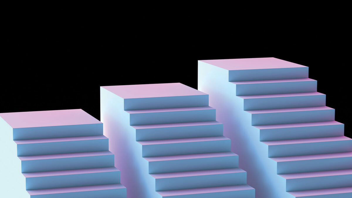 Three white staircases in a pink light with black background