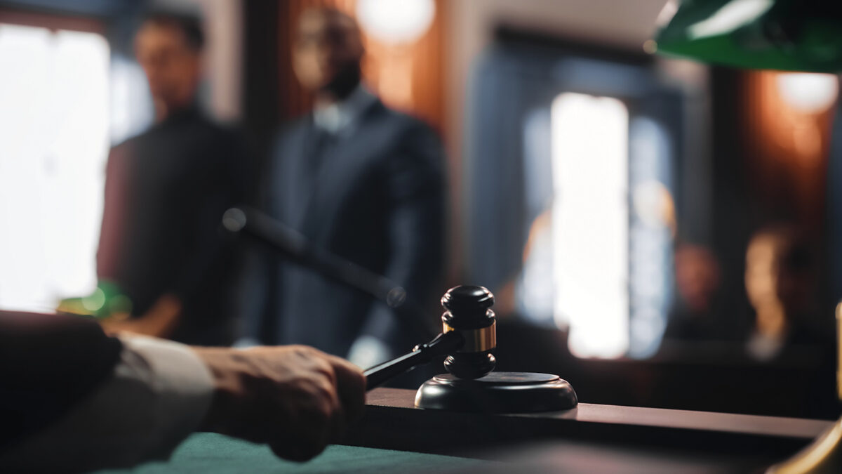 Cinematic Court of Law and Justice Trial: Judge Ruling Out a Positive Decision in a Civil Family Case, Close Up of a Striking Gavel to End Hearing