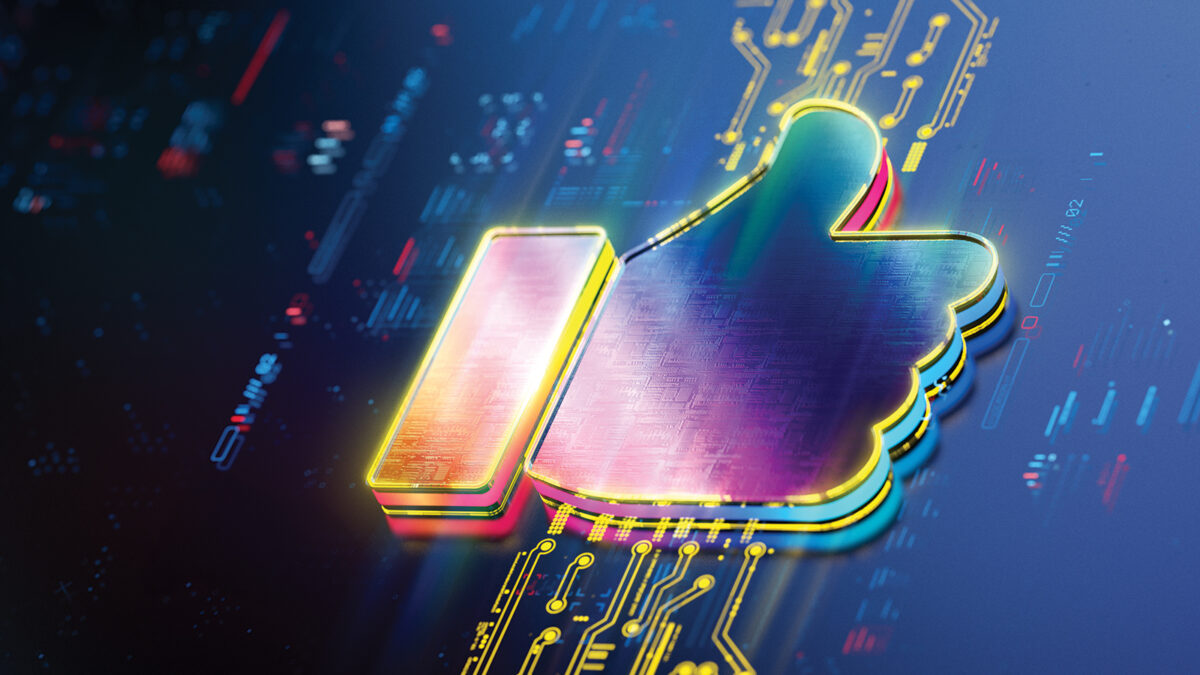 Glowing like icon on digital background. Productivity and rating evolution. Futuristic thumbs up icon in world of technological progress and innovation