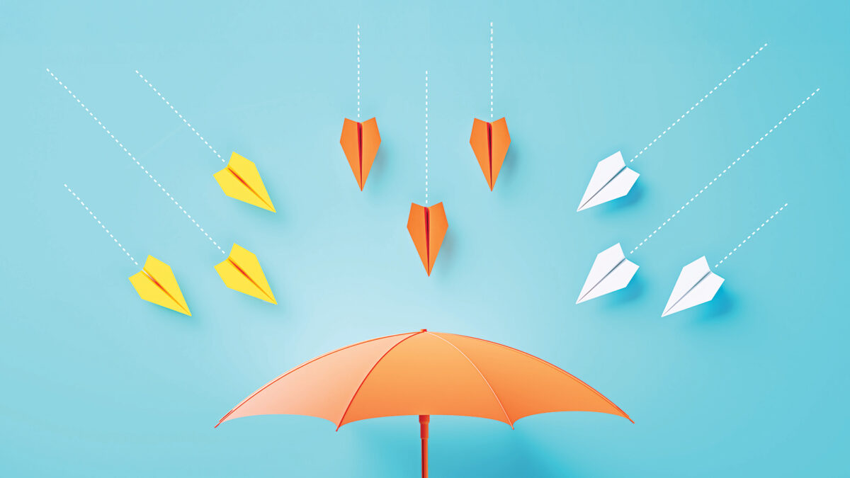 aper Planes Flying Towards A Coral Colored Umbrella On Blue Background