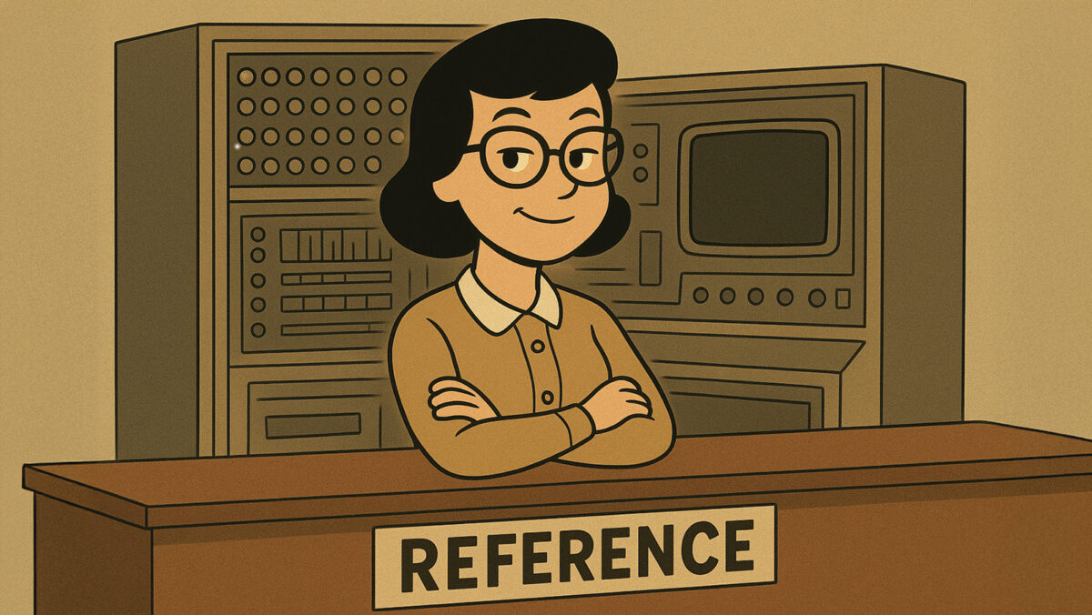 Librarian at reference desk with old 1950s computer behind her.