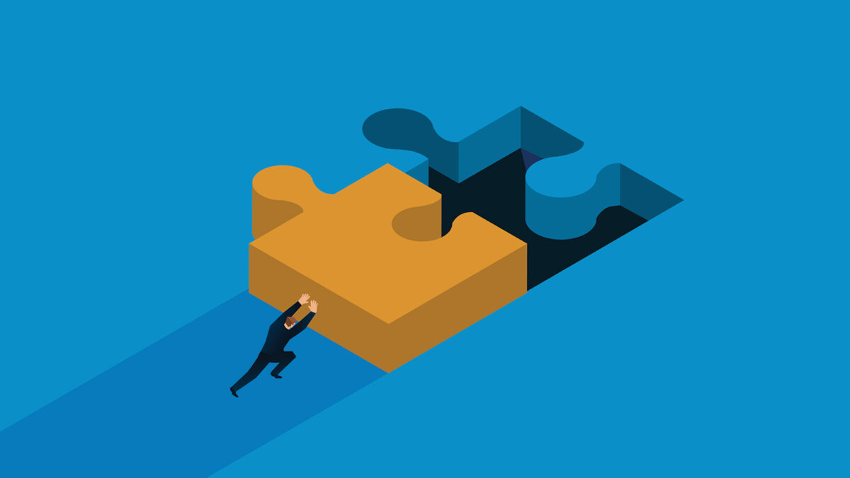 Businessman pushes the puzzle to the right position stock illustration