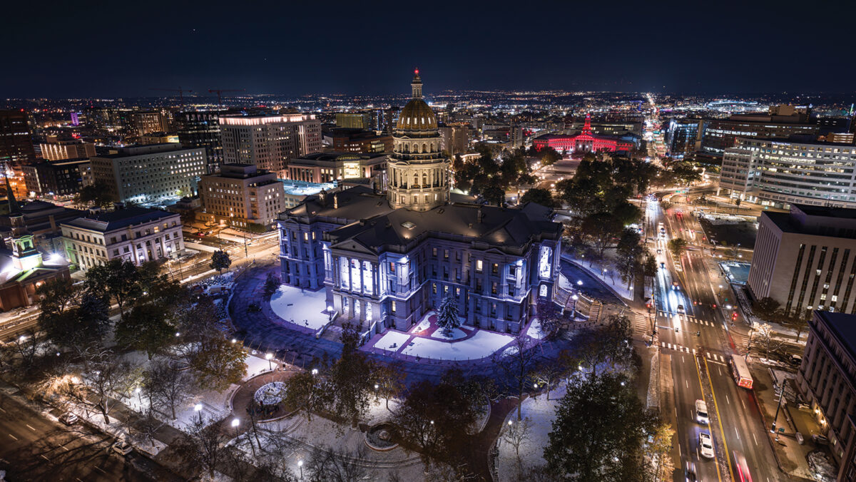 Aerial View of Colorado State Capitol Building at Night