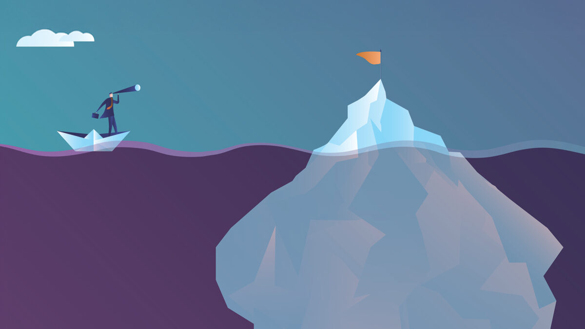 Business man standing on paper boat looking for target with binoculars