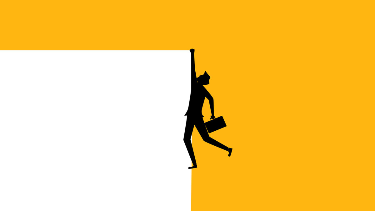 Illustration of man hanging off of a cliff