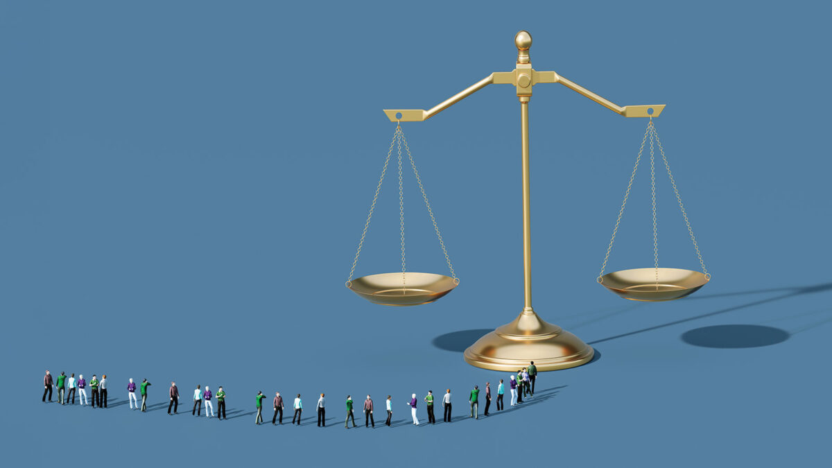 People Waiting In Line Before Brass Scale On Blue Background