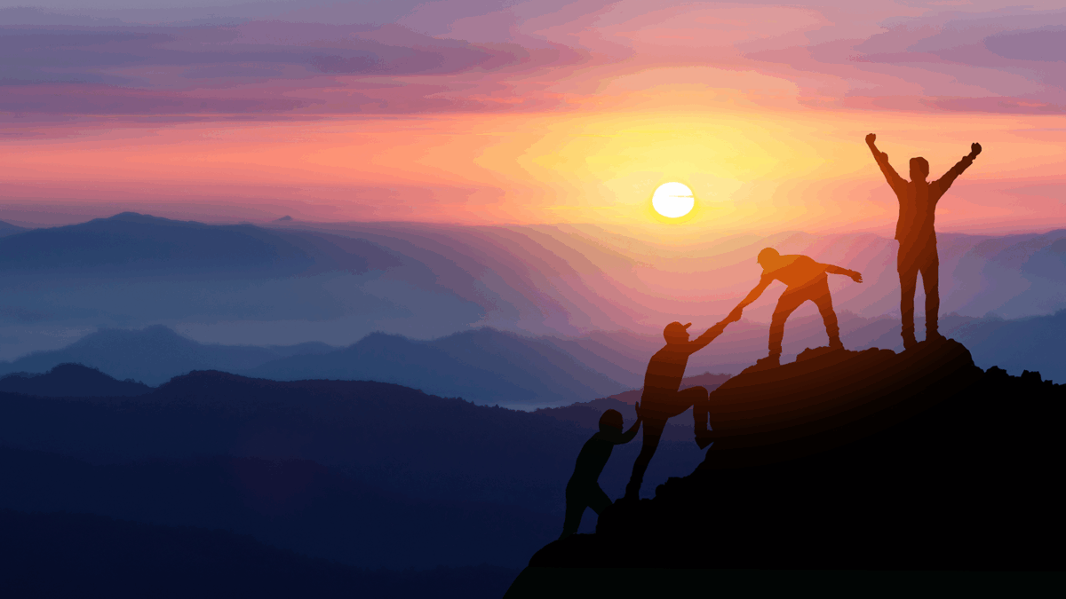 Teamwork friendship hiking help each other trust assistance silhouette in mountains, sunrise. Teamwork of two men hiker helping each other on top of mountain climbing team beautiful sunrise landscape