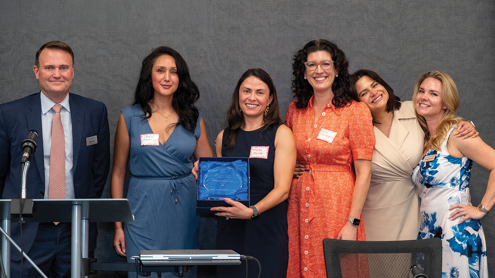 Laura Martinez, Judge Meirink, Allison Conaughty, and Annie Martínez accept the 2025 CBA/DBA Award for Best Educational Program on behalf of the Colorado Women’s Bar Association’s Lawyers Teaching for Change program.