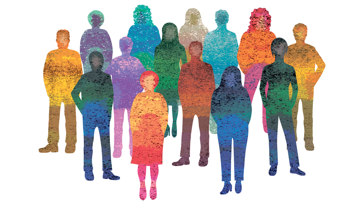 Vector characters - silhouettes. Unrecognizable portraits of women and men. Group of people. Textured. Multicolored.