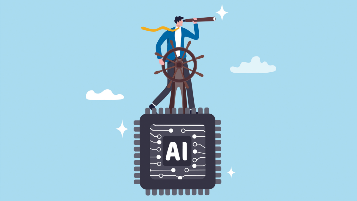 Future of AI Artificial Intelligence, control direction or innovation, governance of information AI usage, implementation and automation system, businessman control AI chip to the right direction.