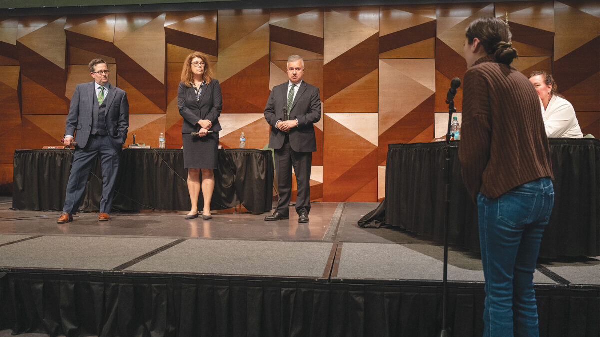 A division of the Colorado Court of Appeals—Judge Craig Welling, Judge Stephanie Dunn, and Chief Judge Román—takes questions from students following oral arguments at Colorado State University.