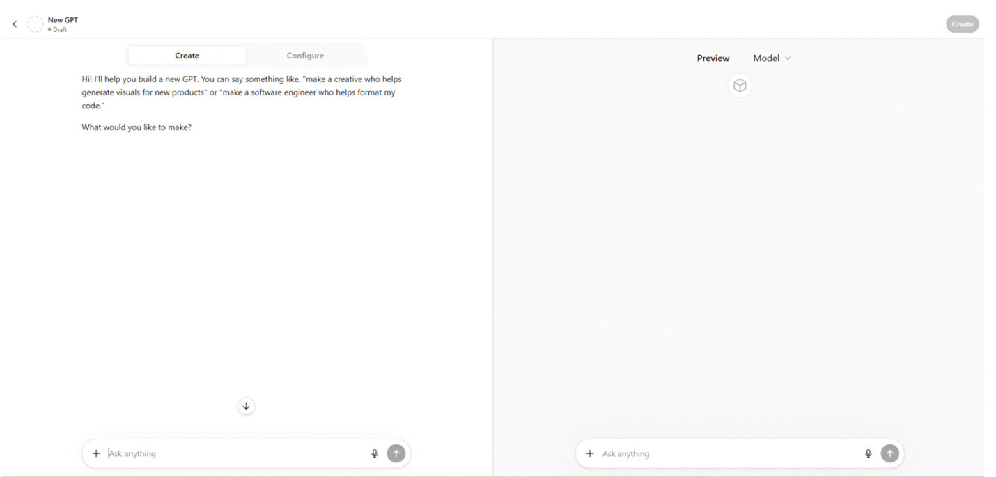 The left pane is where you build and configure the GPT. The right pane is where you preview and test it.