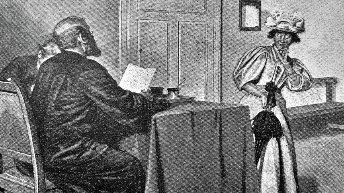 hameful woman in court - 1896 stock illustration