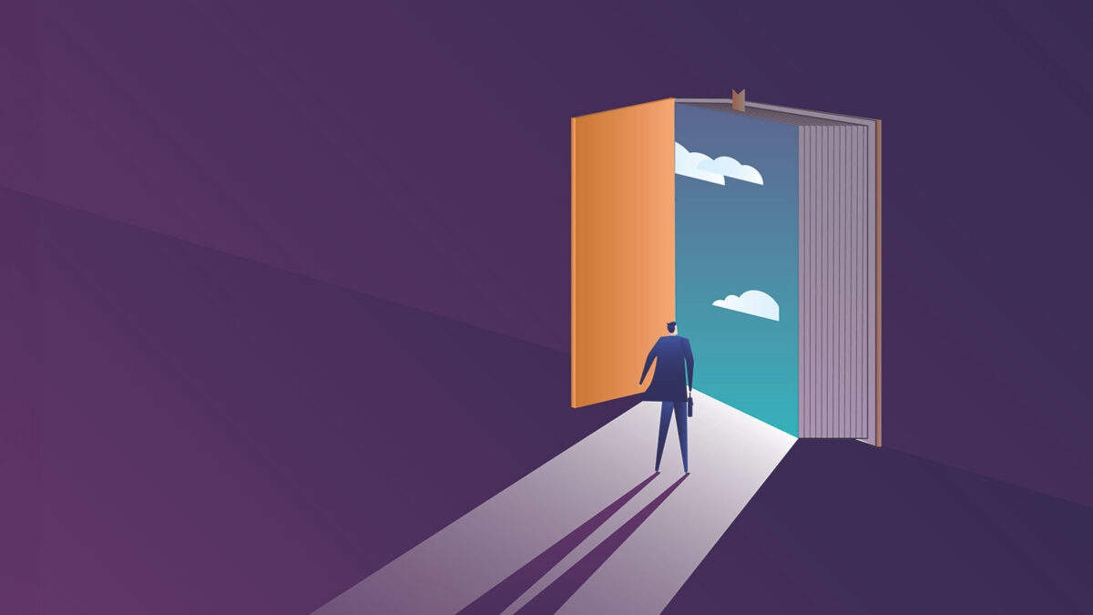 Business man pushes open the door of knowledge